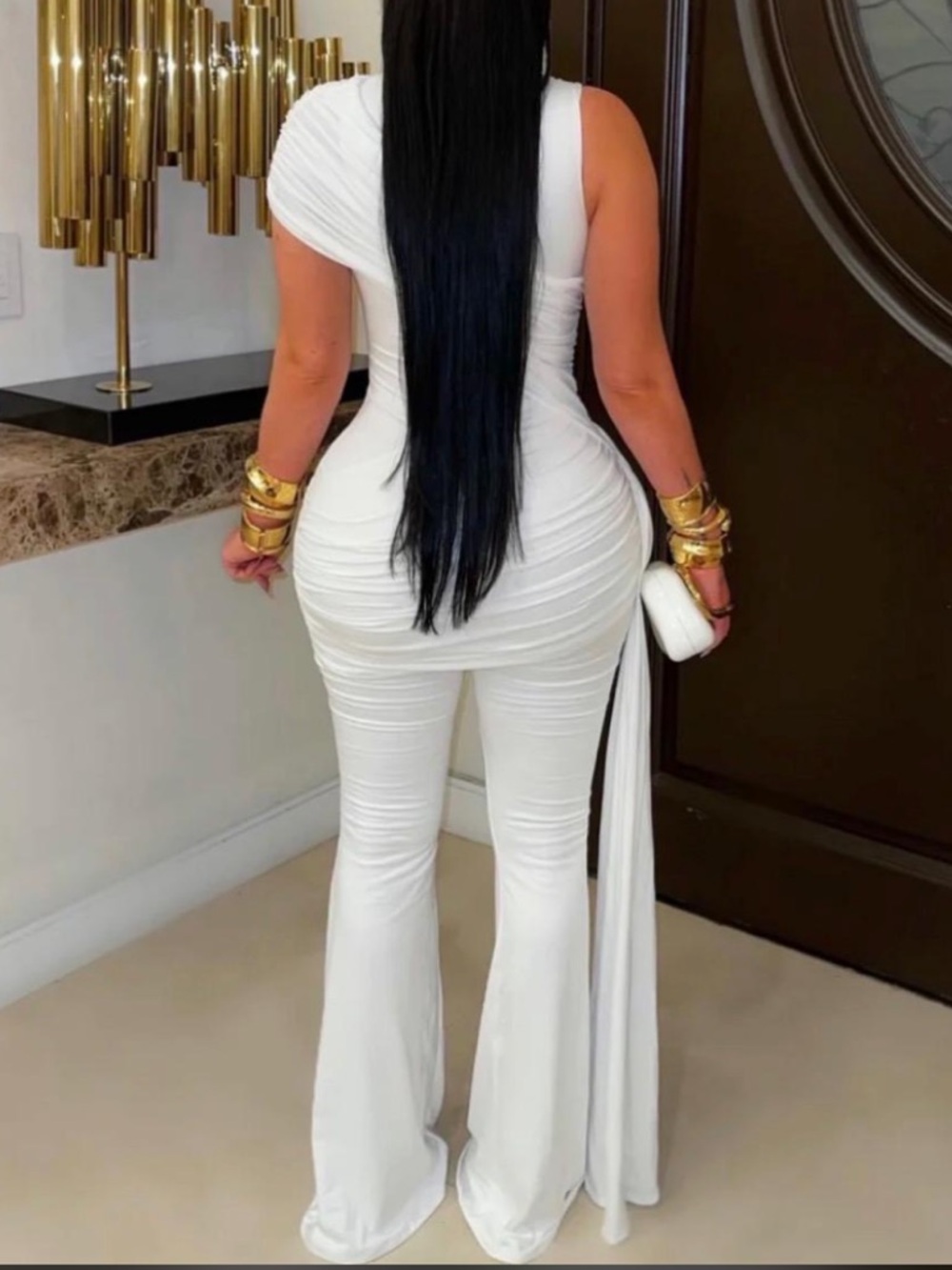 2PCs One-Shoulder Ruched Pant Set - Picture 2 of 12